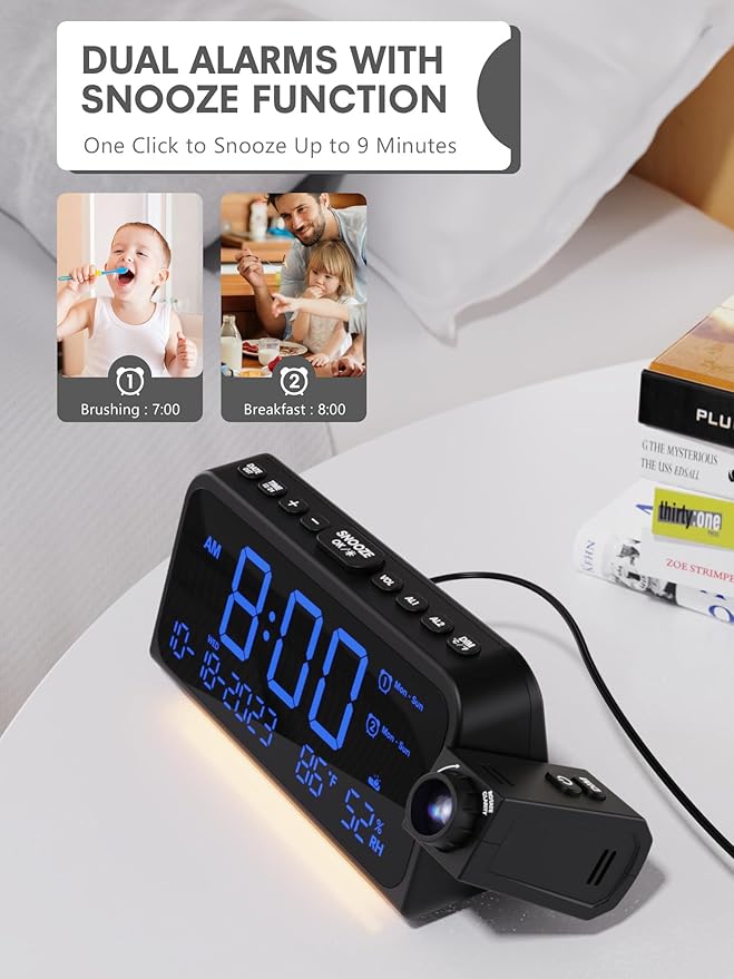 Mesqool Projection Alarm Clock for Bedroom Ceiling, Digital Clock Projector with Weekday/Weekend Mode, Date, Temperature, Humidity, Type-C USB Charger, Snooze, Dual Alarms, Dimmer,12/24H - Image 6