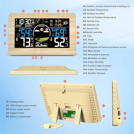 Weather Station Wireless Indoor Outdoor, Digital Thermometer, 7.5'' VA Display Home Weather Stations, Accurate Temperature Humidity Gauge with Weather Forecast, Atomic Clock,Khaki - Image 7