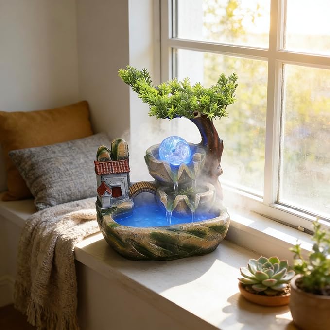 Small Bonsai Humidifier Mini Tabletop Waterfall Fountain with LED Color Night Light and Atomizer, Desktop Water Fountains Indoor Home Decor or Festival Birthday Gift for Girls Boys, 10 Inch - Image 9