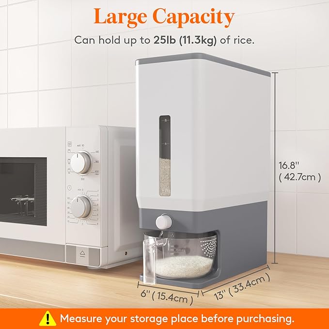 Lifewit 2 Pack Rice Dispenser 25 Lbs(11.3kg), Rice Storage Container Sealed Moisture Proof with Measuring Cup for Kitchen Pantry Household, BPA-Free, Grey - Image 3