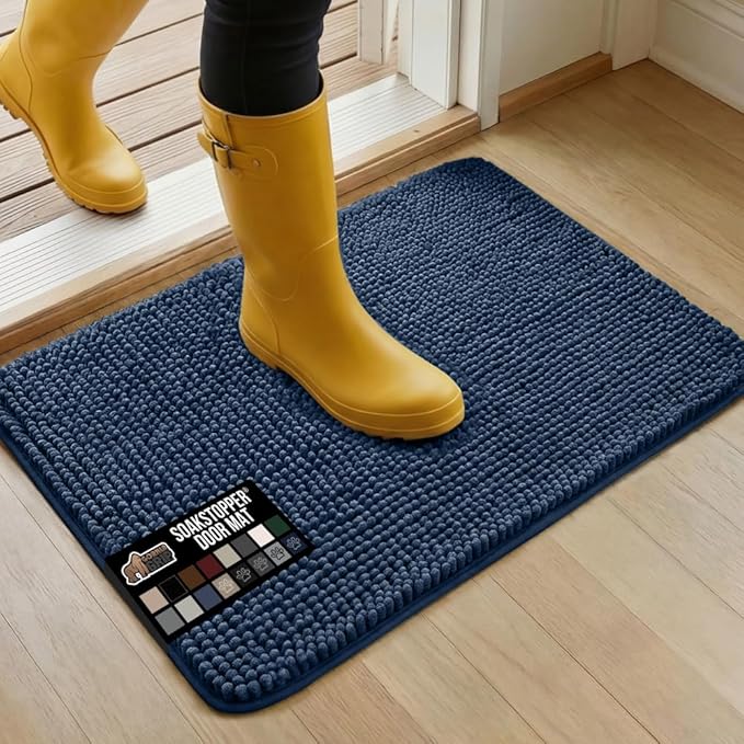 GORILLA GRIP SOAKSTOPPER Dog Door Mat, Machine Washable Rug Absorbent Doormat Captures Moisture Mud Dirt, Quick Dry Soft Chenille Entryway Rugs Indoor Entrance Mats for Dog Paws, 24x17 Navy Blue by GorillaGrip