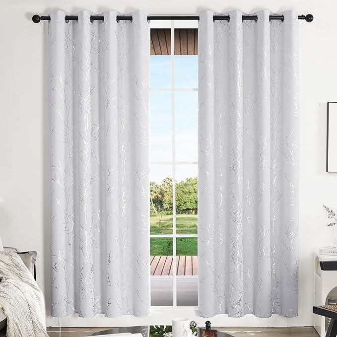 Deconovo Greyish White Curtains, Room Darkening Curtain, Thermal Insulated Soundproof Drapes, Silver Branch Print, 52 x 84 Inch Long, Grommet Window Panels for Living Room Bedroom Patio Door, Set of 2 - Image 2