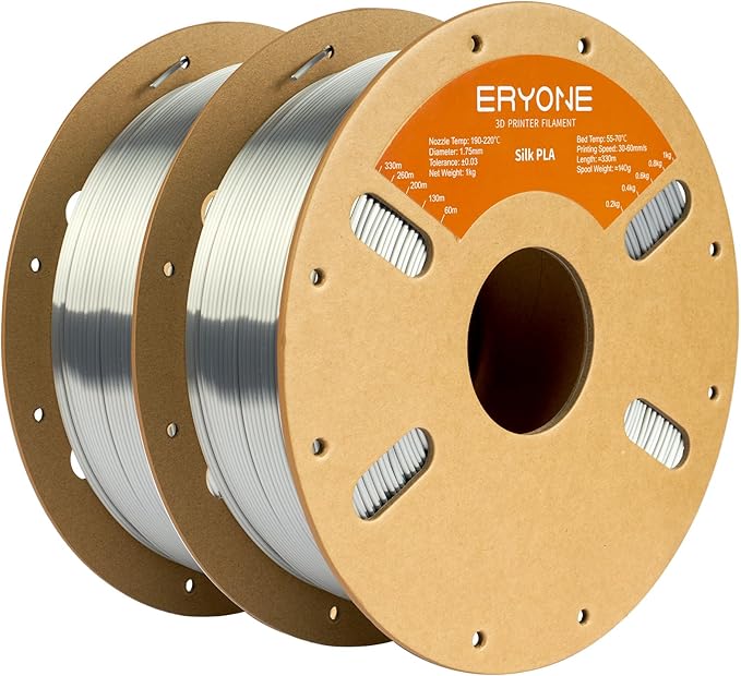 ERYONE Silk PLA Filament for 3D Printer 1.75mm +/- 0.03mm, 2KG Cardboard Spool, Silk Silver by ERYONE