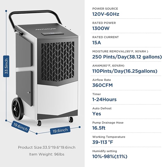250 Pint Commercial Dehumidifier with Pump Whole house Industrial Grade Dehumidifiers 4400 sq. ft Continuous Dehumidification for Basements Drain Hose - Image 7