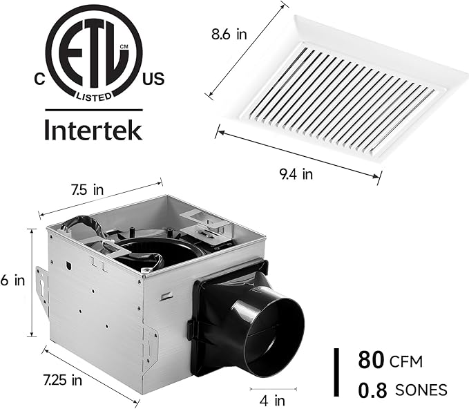 Bathroom Exhaust Fan 80 CFM 0.8 Sone, 4 Inch Duct, Quiet Energy Saving Ventilation Fan, Easy to Install, No Attic Access Needed Ceiling Mounted, White, ETL Certified - Image 5