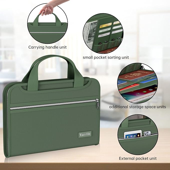 Tamfile Fireproof Accordion File Organizer with Handle, 13 Pocket Colorful Expanding File Folder with Zipper & Labels, File Folder with Multi-Pockets Paper Organizer Folder for Letter A4 Files (Green) - Image 4