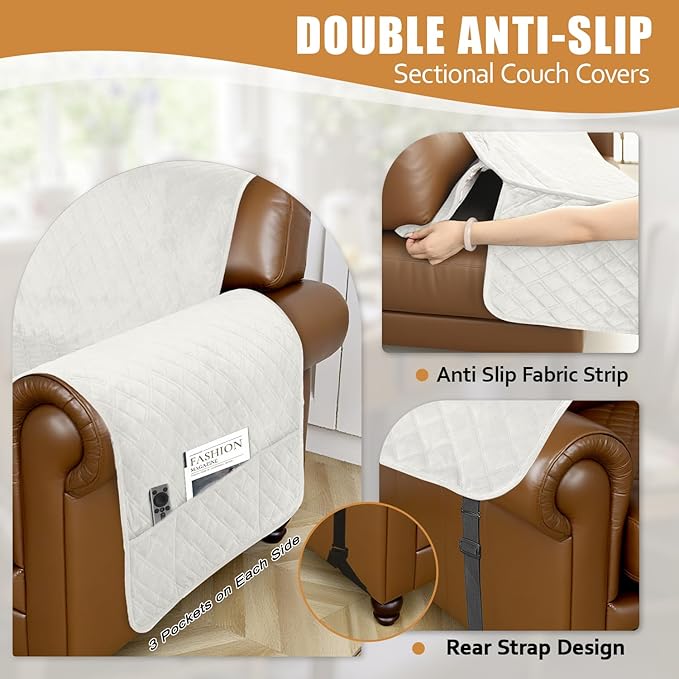 Arfntevss Waterproof Sectional Couch Covers L Shape Washable Velvet Sofa Cover for Sectional Non Slip Large Corner Slipcovers Dog 6 Pcs Universal U Shaped Furniture Protector (Cream White, X-Large) - Image 4