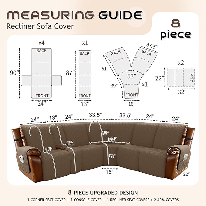 Arfntevss Waterproof Recliner Sectional Couch Covers for Reclining L Shape Sofa Cover Non Slip Washable L Shaped Slipcover for Dog Furniture Protector (5 Seat with 1 Console Cover, Camel Brown) - Image 5