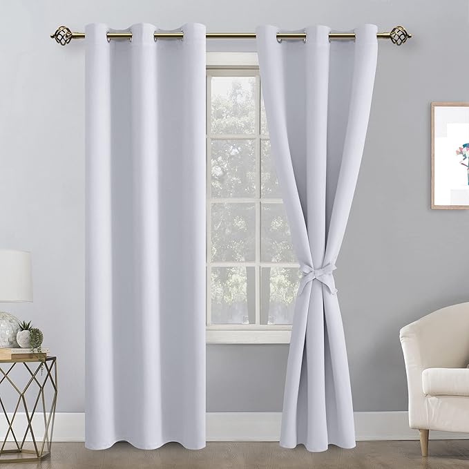 Hiasan Blackout Curtains for Bedroom, 42 x 84 Inches Long - Thermal Insulated & Energy Saving Window Curtains for Living Room, 2 Drape Panels Sewn with Tiebacks, Greyish White - Image 2