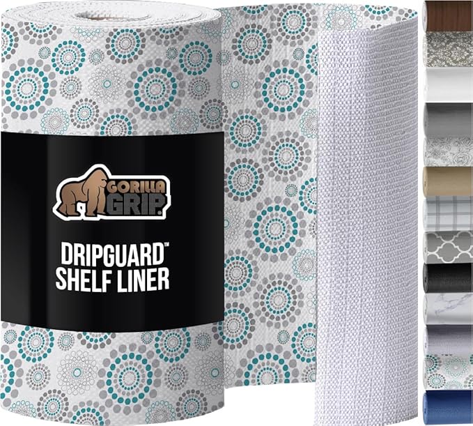 GORILLA GRIP DripGuard Shelf Liner, Non-Adhesive Drawer and Kitchen Cabinet Protector, 20x240 Inch, Strong Grip Slip Resistant Underside, Smooth Surface Liners for Cabinets, Bathrooms, Closets, Spiral by GorillaGrip
