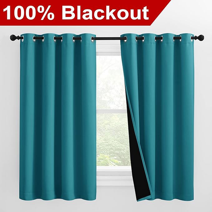 NICETOWN 100% Blackout Curtains 57 inches Long, Double-Deck Completely Blackout Window Treatment Thermal Insulated Lined Drapes for Small Window (Peacock Teal, 1 Pair, 55 inches Width Each Panel) - Image 2
