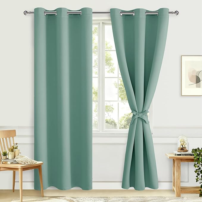 Hiasan Grommet Blackout Curtains for Bedroom, 42 x 84 Inches Long - Thermal Insulated & Light Blocking Window Curtains for Living Room, 2 Drape Panels Sewn with Tiebacks, Sage Green by Hiasan