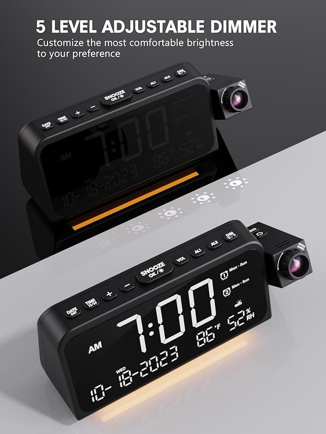 Mesqool Projection Alarm Clock for Bedroom, Digital Clock with Projection on Ceiling with Night Light, Date, Temperature, Humidity, Type-C USB Charger, Snooze, Dual Alarms, Dimmer,12/24H - Image 6
