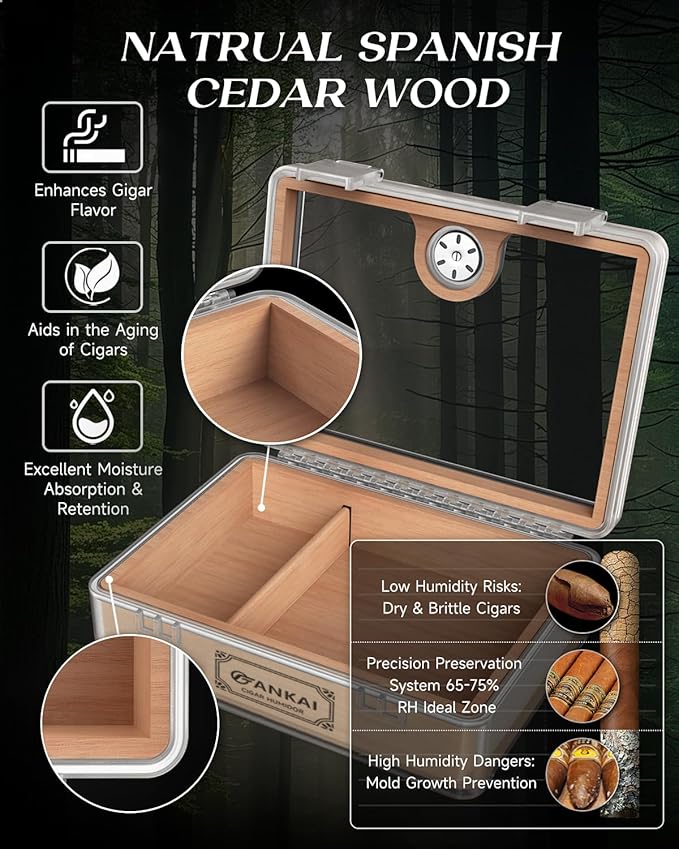 Humidor Cigar Box, with Straight Cutter Guillotine, V cut, Puncher & Holder Tool, Glass top Cigars Case, Cedar Wood Lining, Humidifier Hygrometer Accessories, Cigar Gift Set - Image 5