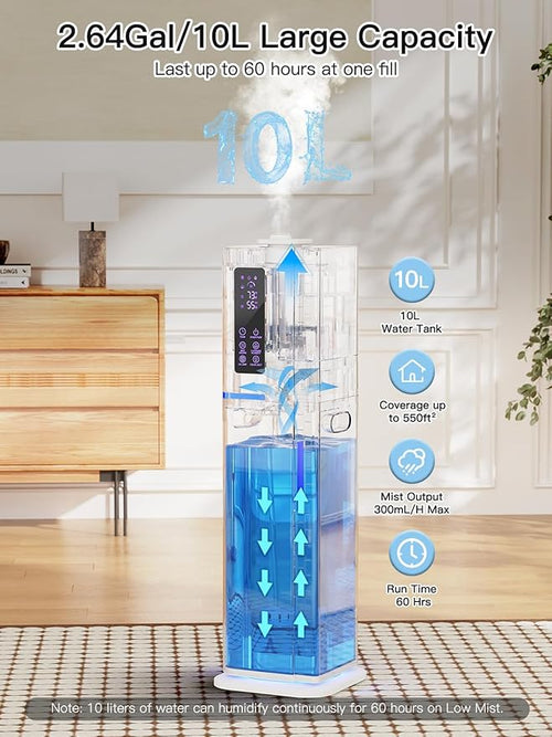 10L/2.64Gal Humidifiers for Bedroom, Top Fill Quiet Ultrasonic Cool Mist Humidifier Large Room, Covers 550ft², 60H Runtime, 24H Timer, 3 Mist Modes Humidifiers for Home, Office, Plants, White - Image 2