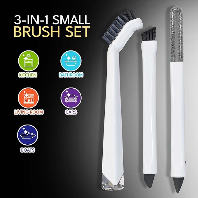 Small Cleaning Brush Set 3pcs—Crevice Brushes for Cleaning—Scrub Brushes Set with Silicone Tipped Scrub Brush—Stiff Handle Miniature Cleaning Brush for Kitchen Uensils, Tight Spaces, Tub, Shower - Image 2