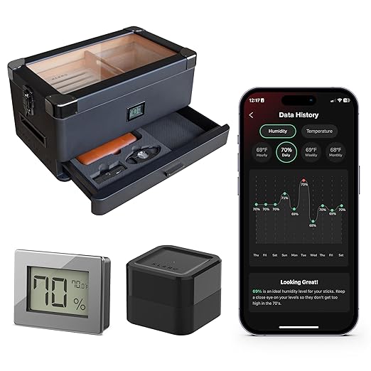 CASE ELEGANCE Military Glass Top Humidor with Thick Cedar, Includes Klaro Valet BLE Digital Hygrometer + WiFi Bridge for Remote Monitoring Humidity & Temperature, iOS & Android App - Black by CASEELEGANCE
