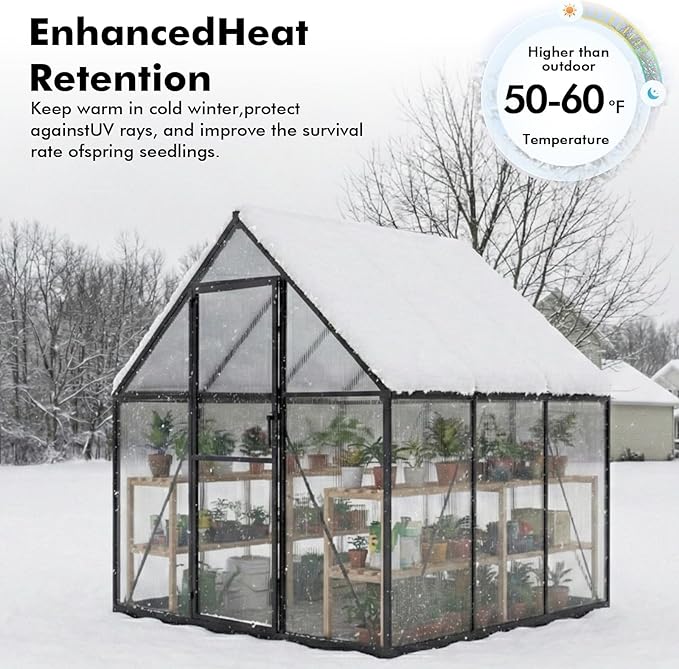 6×6FT Greenhouse for Outdoors, Walk-in Greenhouse and Winter Garden Planting, Polycarbonate Greenhouse with Electronic Thermometers, Withstands Strong Wind or Snow to Protect Vegetable or Plants - Image 4