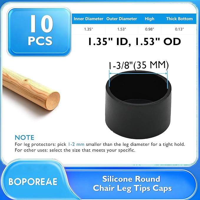 10 Pcs 1-3/8"(35 mm) Round Chair Leg Tips Caps, Silicone Rubber Furniture Leg Floor Protectors, Reduce Noise Folding Metal Chair Leg Cap Replacement for Bar Stool Leg Patio Indoor, Black - Image 9