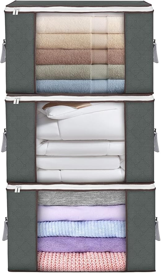 Large Storage Bags, 3 Pack Clothes Storage Bins Foldable Closet Organizers Storage Containers with Durable Handles Thick Fabric for Blanket Comforter Clothing Bedding 90 L (Gray) by BuddingJoy-BuildaJoyfulLifeforYou