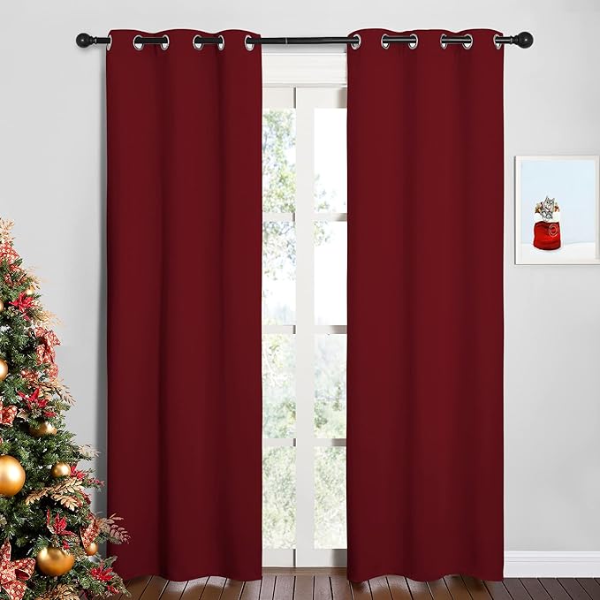 NICETOWN Christmas Burgundy Bedroom Curtains Blackout Draperies, Christmas Decorations Thermal Insulated Solid Grommet Top Blackout Drapes for Cafe (One Pair, 34 x 84-inch) by NICETOWN