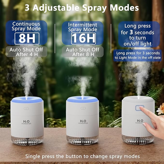 SZO Portable Mini Humidifier, 500ML USB Personal Cool Mist Humidifiers for Bedroom Office Travel Desk, Whisper Quiet 20dB with 2 Mist Modes & Auto Shut-Off, Small Desktop Humidifier (White) - Image 4