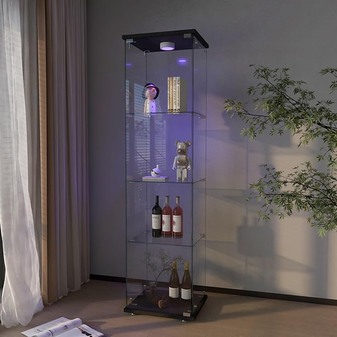 Yoluckea 4-Shelf Glass Display Cabinet with LED Lights, 1-Door Floor Standing Curio Cabinet with Universal Wheel for Home or Office, Black Glass Bookshelf for Collections, Decor, and Corner Display - Image 7