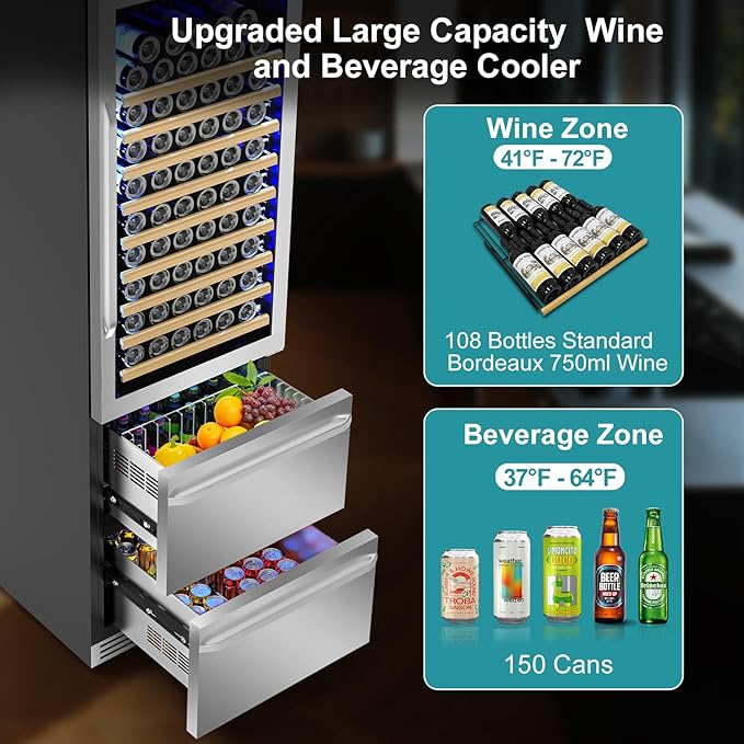 24 Inch Wine and Beverage Refrigerator, 2 IN 1 Dual Zone Drawer Beverage Fridge Wine Cooler, Built-in or Freestanding Beverage Cooler with Powerful Compressor, Holds 108 Bottles and 150 Cans - Image 2
