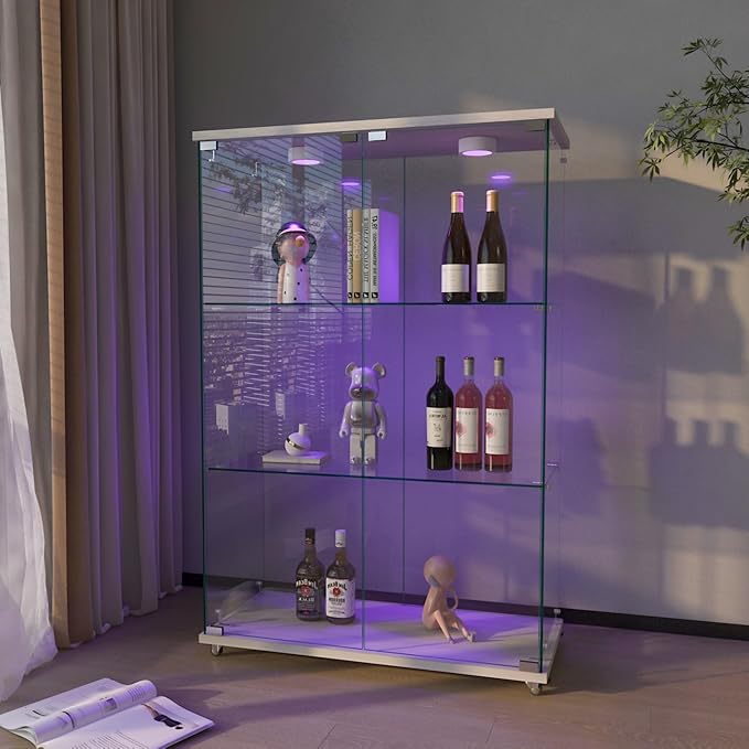 Yoluckea 3-Shelf Glass Display Cabinet with LED Lights, 2-Door Floor Standing Curio Cabinet with Universal Wheel for Home or Office, White Glass Bookshelf for Collections, Decor, and Corner Display - Image 7