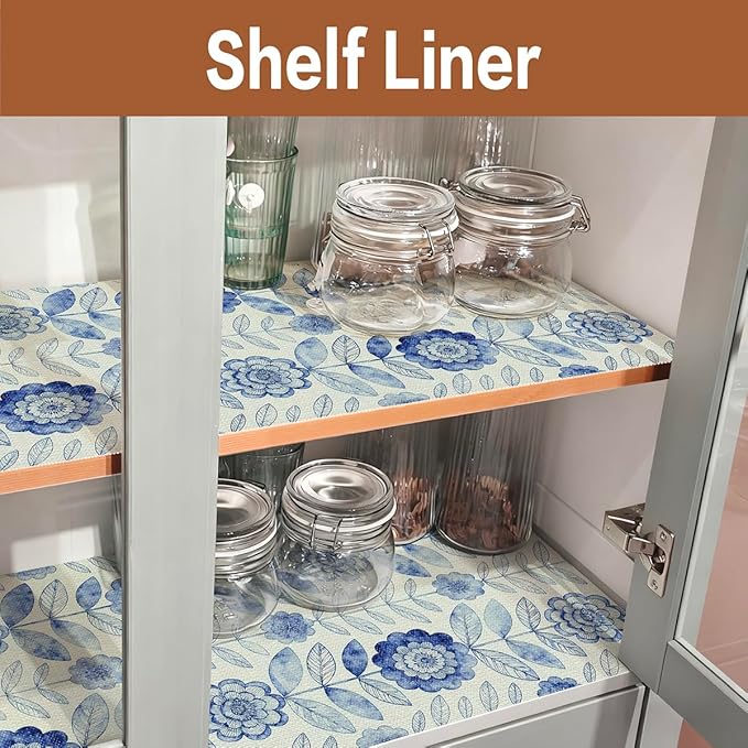 Drawer and Shelf Liner for Kitchen Cabinets Non-Adhesive Strong Grip Floral Shelf Liner Non-Slip Waterproof Blue Flower Drawer Liner for Cupboard Shelves Easy to Clean Cabinet Liner 12IN×10FT - Image 4