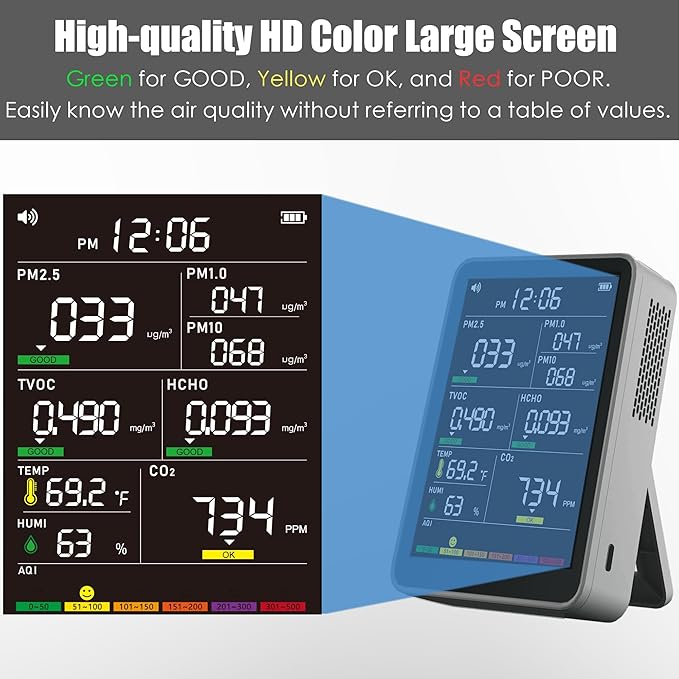 Professional Indoor Air Quality Monitor with AQI Alarms, Portable Real-Time Detector for Home Cars Plants and Pets (Grey) - Image 4