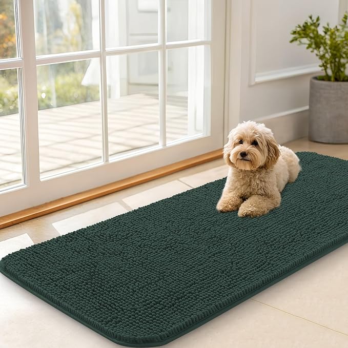 OLANLY Dog Door Mat for Muddy Paws 47x20, Absorbs Moisture and Dirt, Absorbent Non-Slip Washable Doormat, Quick Dry Chenille Mud Mat, Entry Indoor Entryway Carpet for Inside Floor, Blackish Green by OLANLY