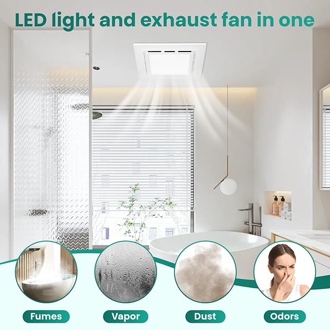 9.8" Panel Bathroom Exhaust Fan with Light, Bathroom Ventilation Fan with 12W 6500K LED Light, 120 CFM 1.0 Sones Low Noise, 4 Inch Duct Quiet Square Fan for Home Bath Restroom Hotel Office - Image 5