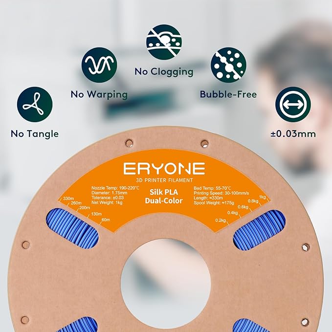 ERYONE Silk Dual Color PLA Filament 3D Printer 1.75mm +/- 0.03mm, Bicolor Filament Two Tone PLA 1KG(2.2lbs) Cardboard Spool, Red Blue - Image 6