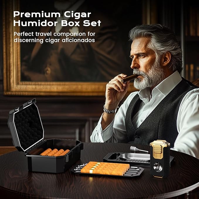 Travel Cigar Humidor Box set with Cigar Ashtray, Cigar Torch Lighter, Built-in V Cutter & Punch & Holder & Draw Enhancer Tool, Humidifier & Hygrometer, Portable Travel Cigar Case, Cigar Gifts for Men - Image 2