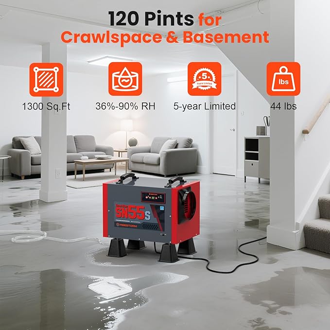Abestorm Crawl Space Dehumidifier, 120Pint Controls Commercial Dehumidifiers with Drain Hose for Basement, Under House Auto Defrosting Industrial Crawlspace Dehumidifier - Image 6