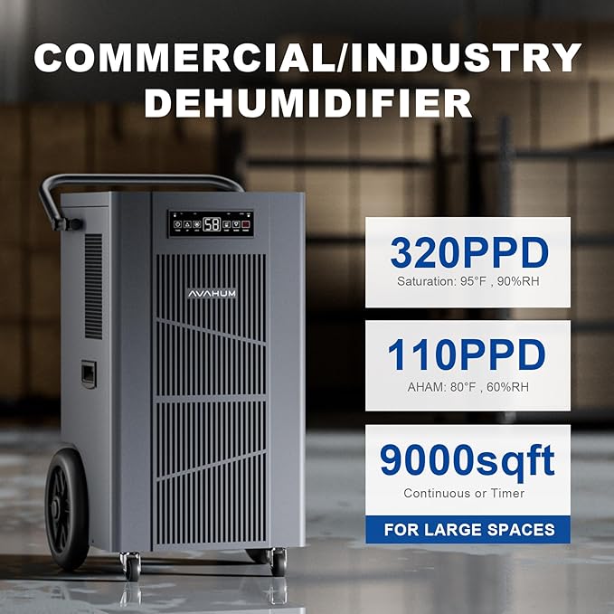 320 Pint Commercial Dehumidifier with Pump,Commercial Grade Dehumidifier for Basement,24H Timer,9000 sqft Large Spaces for Industrial,40Gallon/Day,Continuous Dehumidification,Auto Defrost 20A Socket - Image 2