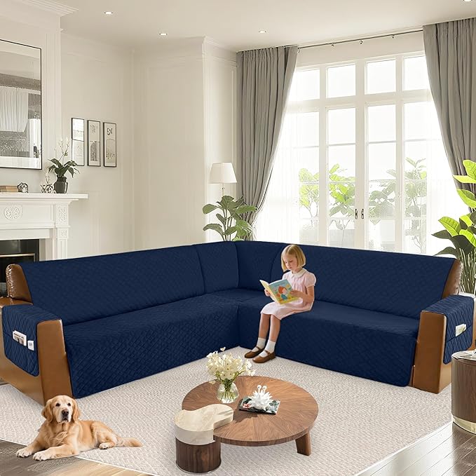 Arfntevss Waterproof Sectional Couch Covers L Shape Washable Velvet Sofa Cover for Sectional Non Slip Large Corner Slipcovers Dog 6 Pcs Universal U Shaped Furniture Protector (Navy Blue, XX-Large) - Image 6