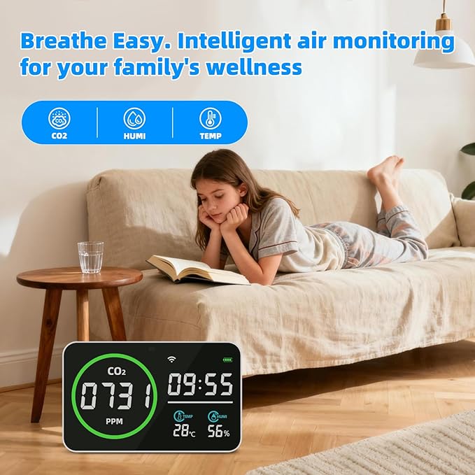 WiFi CO2 Detector, 9 Inch CO2 Monitor for CO2 Temp Humidity, Extra Large Display Digital Clocks, Air Quality Monitor for Indoor/Outdoor with Alerts, CO2 Infrared Sensor, Optical Sensor - Image 3