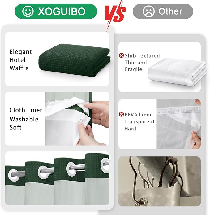 No Hook Shower Curtain and Liner Set,Dark Green Hotel Waffle Shower Curtain with Liner 75" L x 72" W - Image 5