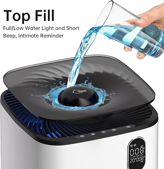 Evaporative Humidifier with Auto Humidity Control, 6L Water Tank with Top-Fill Access, Mist-Free Design, Humidification with Warm Air, Wheels & Filter Reminder for Home Use - Image 5