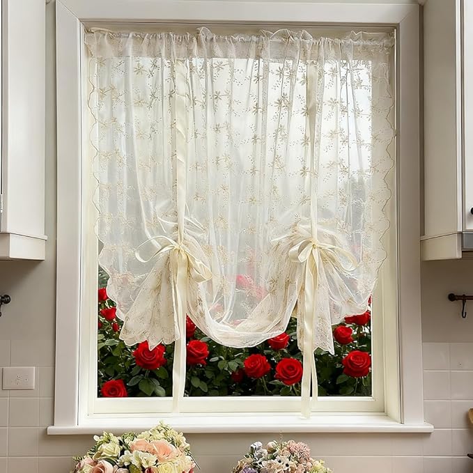 Beige Romantic Little Floral Woven Lace Tie Up Balloon Curtain for Kitchen Liftable Tier Roman Blind Victorian Drapes for Small Window Cafe Balcony Rod Pocket 1 Panel (55Wx39L inch) - Image 7