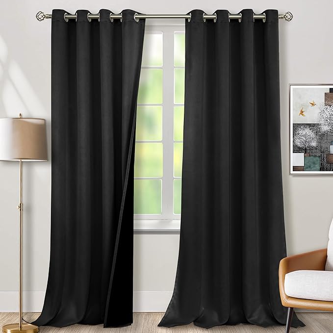 BGment 100% Blackout Curtains 108 Inch Long 2 Panles Set, Thermal Insulated Total Light Locking Soundproof Grommet Curtains & Drapes for Living Room with Black Liner, 52 Inch Wide Each, Black by BGment
