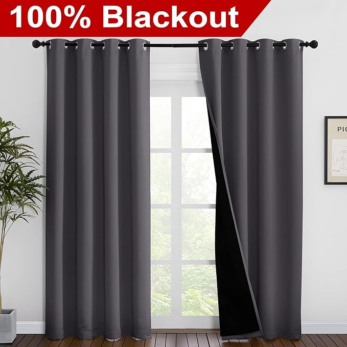 NICETOWN Grey Full Shade Curtain Panels, Pair of Energy Smart & Noise Blocking Out Blackout Drapes for Dining Room Window, Thermal Insulated Guest Room Lined Window Dressing(Gray, 55 x 86 inch) - Image 2