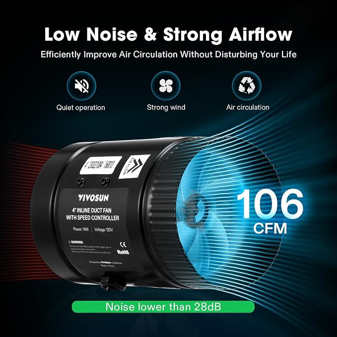 VIVOSUN Inline Booster Duct Fan 4” 106 CFM with Speed Controller, HVAC Exhaust Ventilation Fan with Low Noise for Basements, Bathrooms, Kitchens, Attics, Grow Tents - Image 3