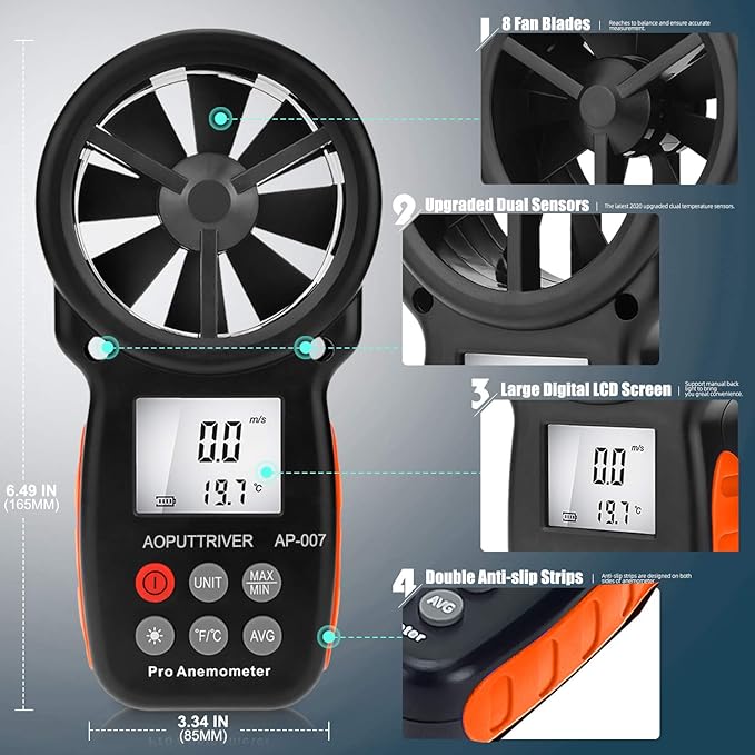 Anemometer Handheld AP-007,CFM Flow Meter Wind Speed Gauge 14℉-113℉ Wind Temperature,AC Vent Flow Meter for Golf Shooting, Surfing, HVAC Duct - Image 3