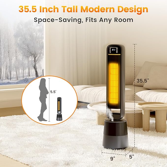 Auertech 35.5" Space Heater with Humidifier, 2 in 1 Electric Space Heater with 1.75L Water Tank, Oscillating Room Heaters with Dual-Fan & Thermostat, Space Heaters for Indoor Use Large Room, Bedroom - Image 8