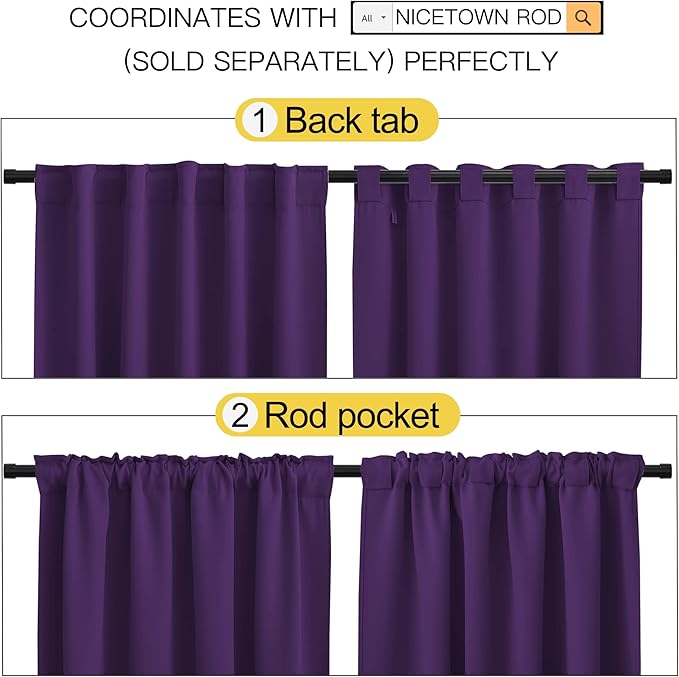 NICETOWN Kitchen Blackout Draperies Curtains for Window - (Royal Purple) 52 by 63 inches, Set of 2 Panels, Energy Saving Rod Pocket/Back Tab Blackout Drapes - Image 4