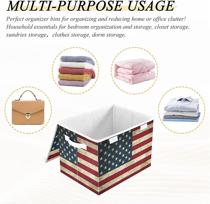xigua American Flag Storage Bins with Lids and Carrying Handle,Foldable Storage Boxes Organizer Containers Baskets Cube with Cover for Home Bedroom Closet Office - Image 7