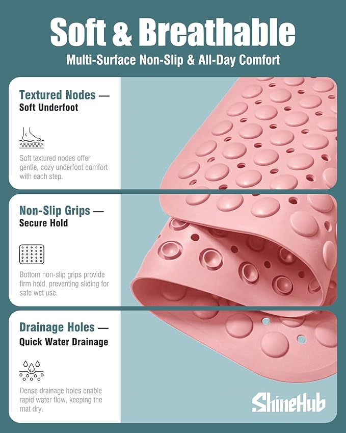 Non-Slip Bath Mat for Tub Shower, TPE Machine Washable Bathroom Essentials with Suction Cups, Quick-Dry 28x16 inch (Dusty Blossom Pink) - Image 5
